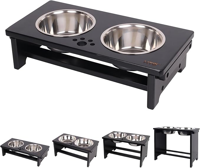 HTB Elevated Dog Bowl Stand with 2 Stainless Steel Bowls-4" H Small Black | Raised Dog Bowl Stand, 4"tall, 21 Oz Bowls, for Small Sized Dogs, Pet-safe, Solid Bamboo by HTB