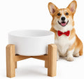 Elevated/Raised Ceramic Dog Bowl with Bamboo Stand，6 Inch 3.6 Cups Non Slip Heavy Weighted Single Pet Dish, for Small Medium Breed & Cats,Reduces Neck Strain White by addggo