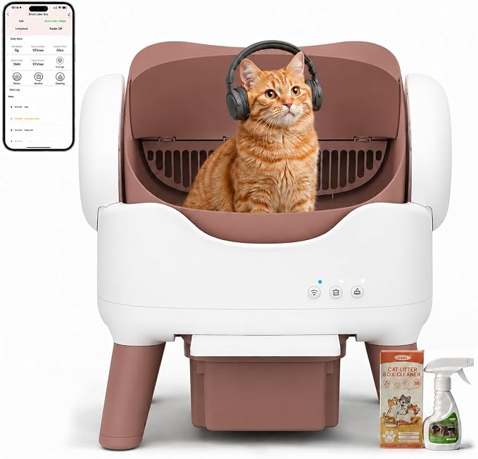 RPZ Automatic Cat Litter Box with APP Control, Open-top Design, 360° Safety Sensors, Self Cleaning Cat Litter Box for Multiple Cats, Litter Mat & 2 Rolls Refill Bags Included by RPZ