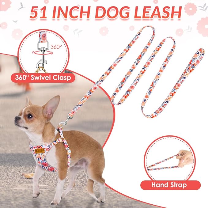 SlowTon No Pull Dog Harness with Leash for Small Medium Dogs, Flower S | Floral Pattern, Step-in, Lightweight, Easy Put On and Off, No Choke, Soft Cotton and Suede for Daily Walking - Image 4