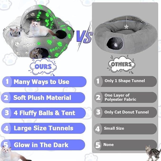 Cat Tunnel Bed, Cat Tunnels for Indoor Cats, Cat Donut Tunnel Toy with Washable Circle Cushion, Straight Shaped Tunnel, 4 Fluffy Balls, Blackout Tent, Self-Luminous Cat Toys（Grey） - Image 7