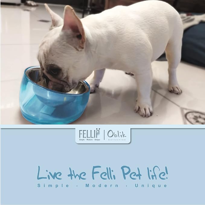 Felli Pet Oblik Acrylic Raised Dog Food Water Bowl Stainless Steel Slanted Oval Dish for Short Leg Puppy & Small Medium Pet, Elevated Tilted Metal Feeder (Sapphire, 1.5 Cups Oval Dish) - Image 5