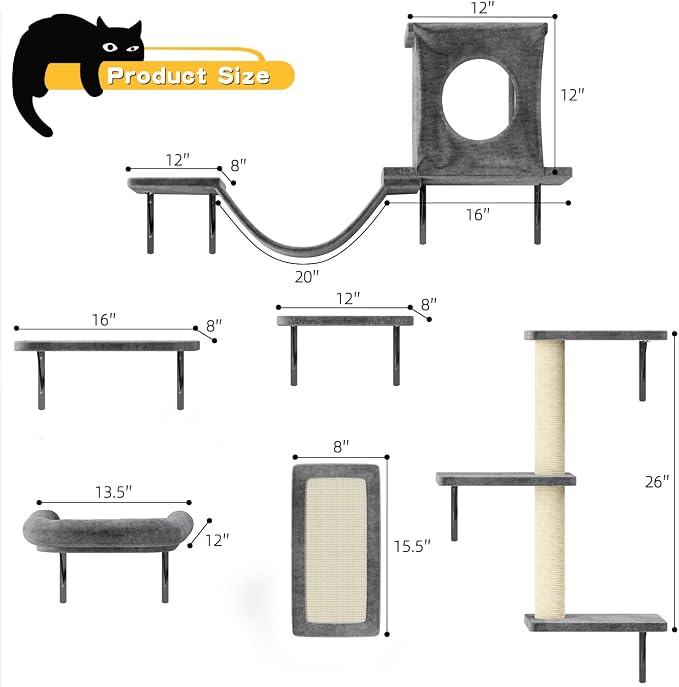 12-in-1 Cat Wall Shelves, Luxury Wall-Mounted Cat Climber Set | with Condos House, Scratching Post, Bridge Ladder, Indoor Space-Saving Furniture for Kittens, Dark Gray - Image 3