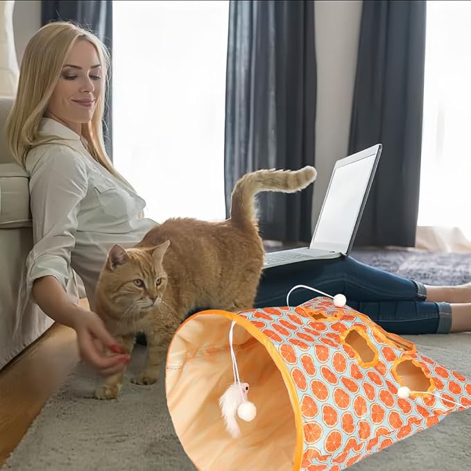 SYCOOVEN Cat Tunnel Bag for Indoor Cats, Pet Collapsible Tunnel Crinkle Sack Bag with 1 Little Mouse & Toy Ball, Crinkle Paper Interactive Cat Toys Hide and Seek(Orange Pattern) - Image 7