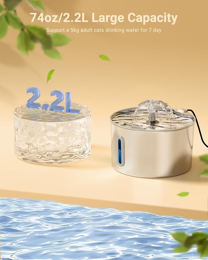 Cat Water Fountain Stainless Steel - 74oz/2.2L Automatic Large Pet Watering Bowl Dispenser for Indoor Cats - Drinking Fountains with 6 Filter, Gifts for Dogs and Kitty - Dog Waterer Bowls No Spill - Image 2