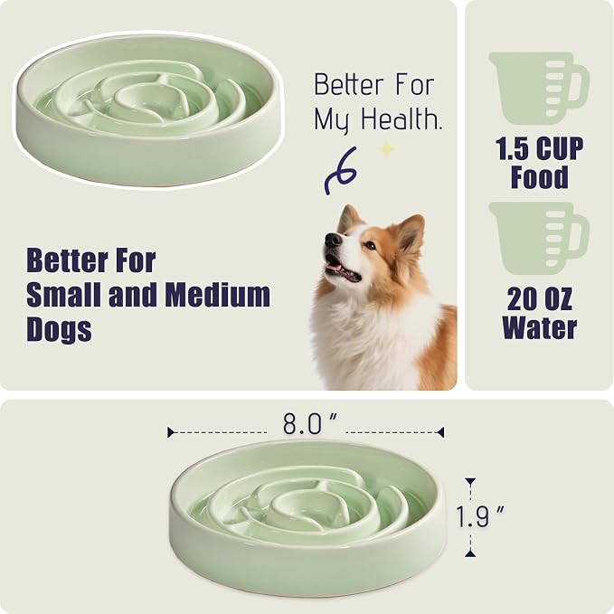 Ceramic Slow Feeder Dog Bowl,1.5 Cups Pet Slow Feeder for Small and Medium Breed,Puzzle Dog Food Dish,Anti-Gulping,Stop Bloat,Preventing Choking(Green) - Image 2