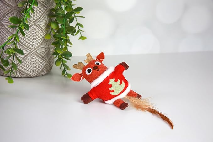 Mad Cat Ugly Sweater Stuffer Reindeer Catnip Refillable Soft Plush Cat Toy | Holiday design with fun sound effects, reload the pouch with fresh herb to keep play sessions exciting for felines daily - Image 4