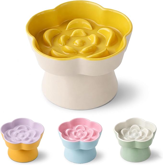 Ceramic Elevated Slow Feeder Cat Bowl, Raised and Gently Tilted Feeding Dish with Maze Design, Whisker-Friendly, Easy to Clean, for Indoor Cats and Small Dogs (Beige/Yellow) by Unknown