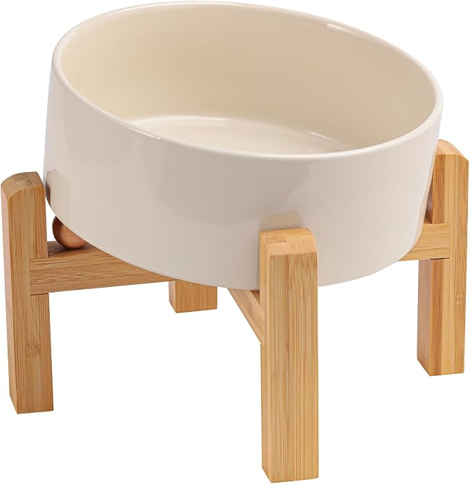 Elevated/Raised 15°Tilted Anti Slip Ceramic Dog Bowl for Small/Medium Breeds,Slanted Bulldog Big Face Pet Food Water Feeding Dish with Stand for Cats and Dogs (3.6 Cups/28 OZ) Beige by DJJJOOYSCeramicDogBowl