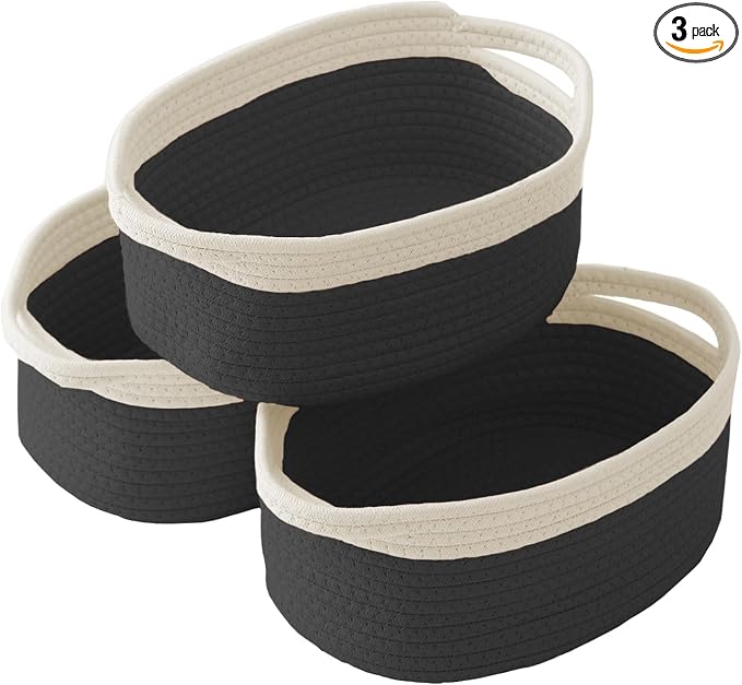 JMvicyroam Small Woven Basket, Empty Gift Basket, White&Black/3 Pack | Small Gift Basket, Cotton Rope, 12 x 8 x 62 in, Handles, Includes Ribbon and Bag, Birthday Gift Basket by JMvicyroam