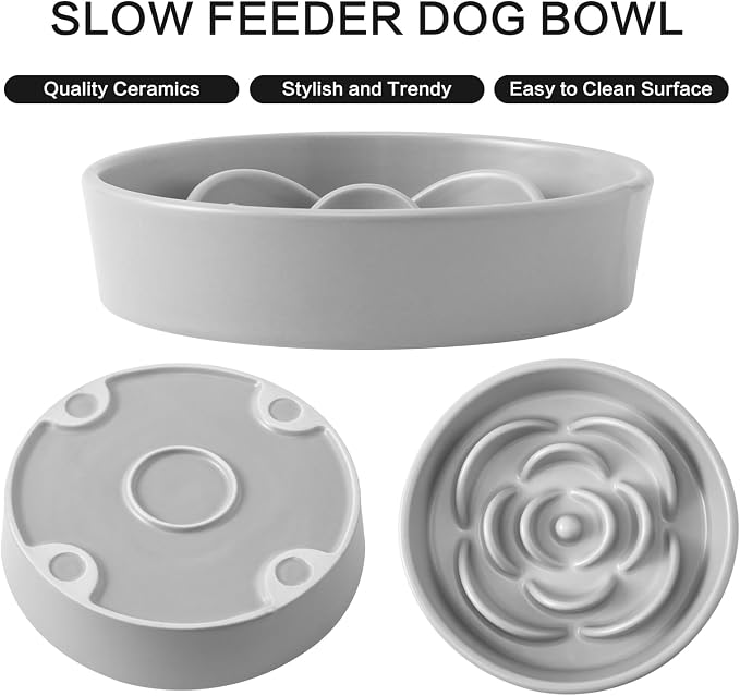 8.25'' Ceramic Slow Feeder Dog Bowls - Petal Shape Modern Dog Food Dish for Medium and Large Breeds, Puzzle Maze Bowl to Slow Down Eating, Anti-Gulping, Dishwasher & Microwave Safe, Grey - Image 2