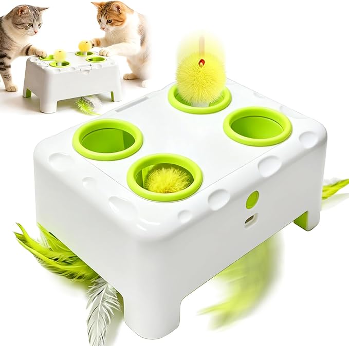 Cat Interactive Automatic Toys, Magic House Whack-a-Mole Toy | Rechargeable Stimulating Feather Kitten Toys, 3 Play Modes, 4 Holes Design, 4 Replacement Accessories by HAPPYCODE