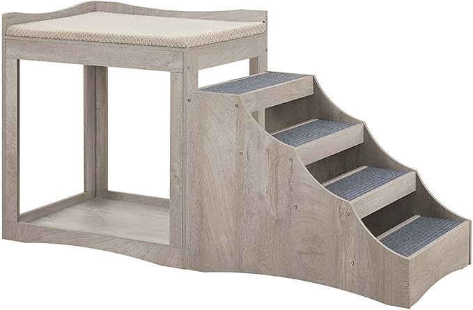 unipaws Large Pet Bunk Bed with Removable Step for Dogs and Cats | Multi-Level Bed Window Perch Seat Platform with Cushion, Indoor Use, Grey by unipaws