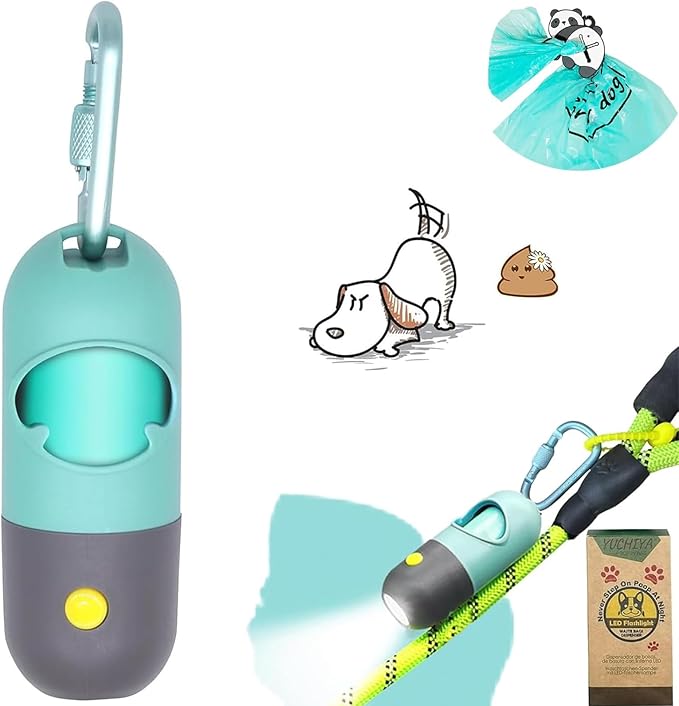 YUCHIYA Dog Poop Bag Holder Dispenser with LED Flashlight(Crystal Blue) | 100ft Ultra-Bright LED|Glow-in-the-Dark Avacado Clip|Metal Carabiner&Silicone Tether|15 Leak-Proof Scented Waste Bags by YUCHIYA