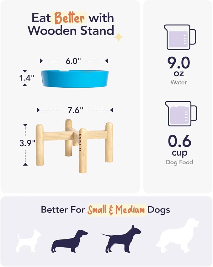 LE TAUCI Ceramic Slow Feed Dog Bowls, Elevated for Small Breeds, 6 inch, Blue, Non-slip - Image 4