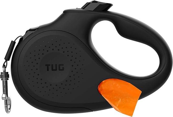 TUG Oval 360° Tangle-Free Retractable Dog Leash with Integrated Waste Bag Dispenser (Small, Black) by TUG