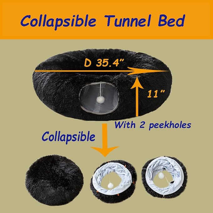 Cat Bed Tunnel Tube Toy Black Plush | Round, Collapsible Pet Tunnels for Indoor Cats, Interactive Toys Play Tubes with Hanging Ball for Kitten, Puppy, Rabbit - Image 4
