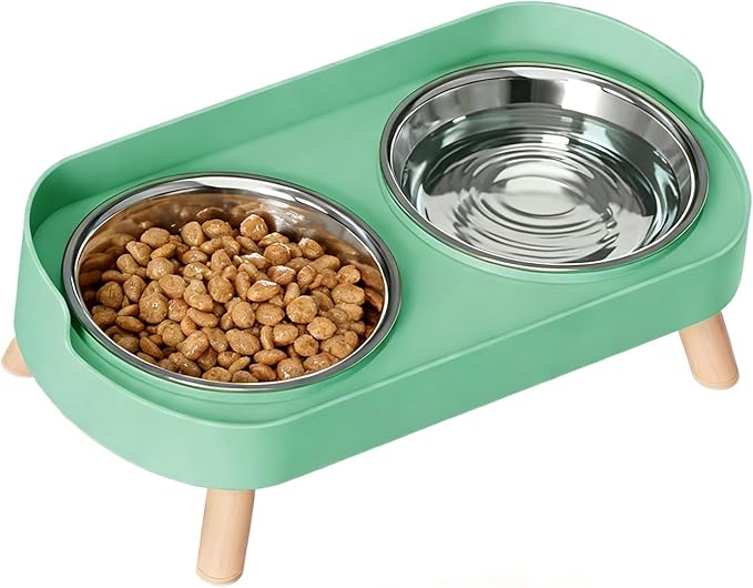Elevated Cat Bowls, 2 Stainless Steel Raised Cat Food and Water Bowl Set, Splash Proof & Non-Slip, Whisker Fatigue Friendly, Dishwasher Safe for Cats and Small Dogs - Green by Unknown