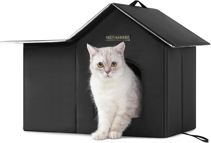 Outdoor Insulated Cat House for Feral Large Cats Weatherproof | Indestructible windproof shelter with mat & clip, insulated waterproof design, fits stray & feral cats for winter outdoor use by Rest-Eazzzy