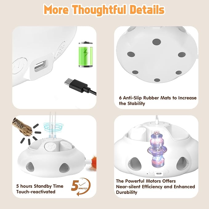 Interactive Cat Toys for Indoor Cats, 4in1 Pet Teaser Toy with Ambush Feather Wand, Motorized Fluttering Butterfly and Slow Feeder, Rechargeable Power Treat Puzzle Toys(White) - Image 6