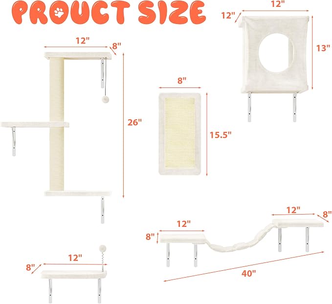 NUNU LAB Cat Wall Shelves Set, 5 Pcs Wall-Mounted Cat Climber with Cat House, Bridge, Scratching Post, Hammock, Wall Shelves, Beige - Image 5