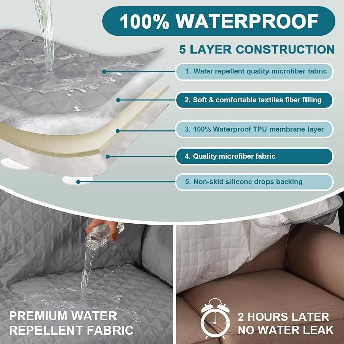 Turquoize 100% Waterproof Sofa Covers Chair Cover Slipcover Couch Protector Triple Non-Slip Sofa Slipcover for 1 Cushion Furniture Protector for Pets, Kids,Dog (Chair 23", Dove Gray) - Image 3