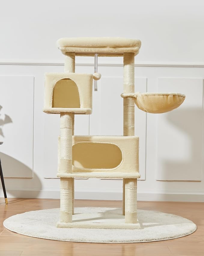 Taoqimiao Cat Tree, 49In Cat Tower for Indoor Cats Large Adult | 2 Luxurious Cat Condos, Thick Padded Top Perch, Adjustable Hanging Baskets, 5 Scratching Sisal Posts, Beige MS029LM - Image 4