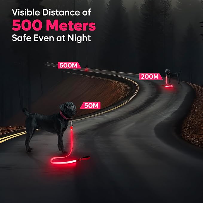 LED Dog Leash, 4 Ft Light Up Dog Leash USB Rechargeable Waterproof, Nylon Reflective Leashes with Padded Handle, Safety Glow in The Dark Walking Lead for Large Medium Small Pets(Pink) - Image 6
