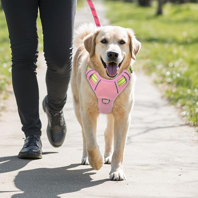 BARKBAY No Pull Dog Harness Large Reflective Dog Harness with Front Clip and Easy Control Handle for Walking Training Running with ID tag Pocket(Baby Pink & Sunlight,XL) - Image 9