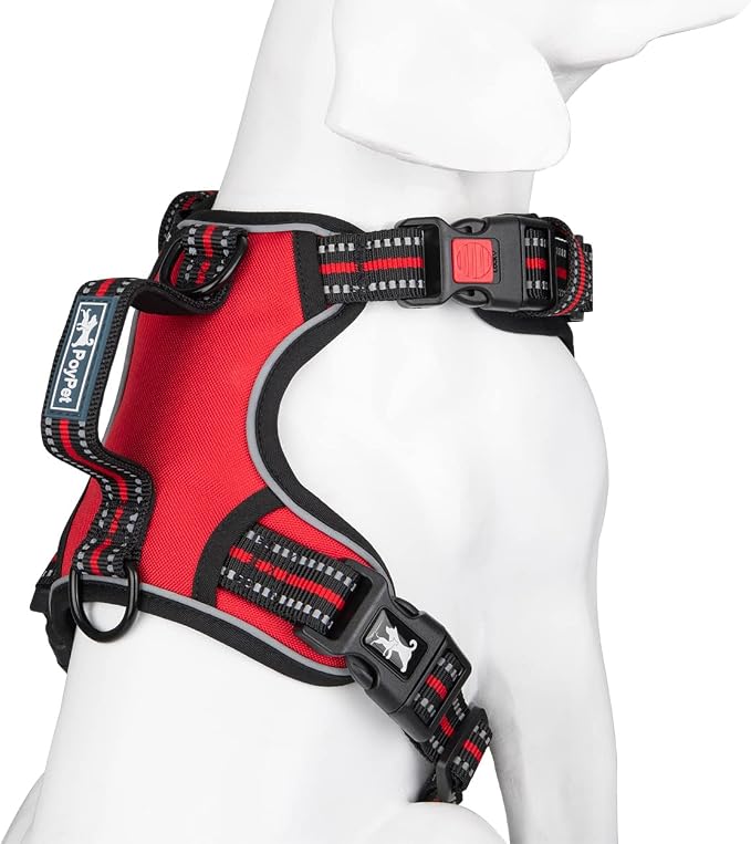 PoyPet No Pull Dog Harness with 3 Leash Clips and Vertical Handle | No Choke, Reflective, Adjustable, Soft Padded, Dog Vest for Medium Dogs, Walking Training, Red, M - Image 2