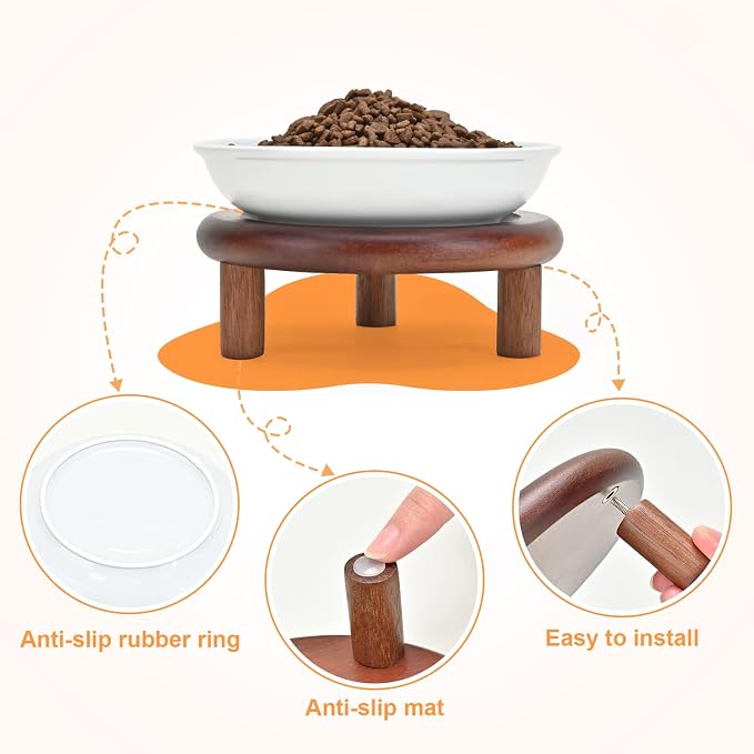 SPUNKYJUNKY Shallow Elevated Cat Bowl with Acacia Wood Stand Wide Raised Ceramic Cat Dishes Whisker Friendly Pet Food and Water Plates (Striped Pattern, 2 Pack, White) - Image 5