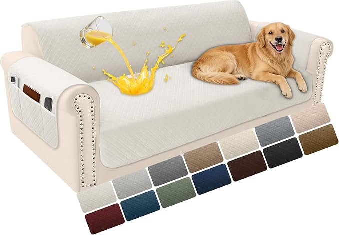 Velvet 100% Waterproof Couch Cover for Dogs Washable Sofa Covers for 3 Cushion Couch Pet Friendly Sofa Slipcovers Set Non Slip Quilted Furniture Protector with Pockets (Large, Cream White) by YUEVELLASofaCover