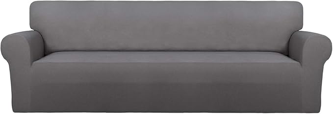 PureFit Stretch Couch Covers for Sofa 4 Seater Slipcovers Light Gray | 1-Piece Sofa Cover Washable Soft Couch protector, Couch Slipcover with Non Skid Foam and Elastic Bottom for Kids, Dogs by PureFit