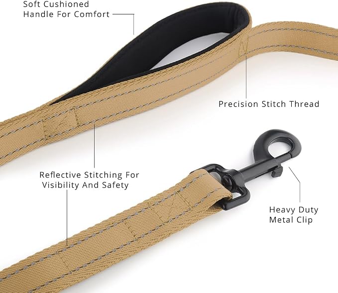 Plutus Pet Double Handle Dog Leash, 5 FT Long, for Medium Large Dogs | Reflective Nylon, Soft Padded 2 Handles, Heavy Duty for Training, Dual Handle Lead, 5 FT x 1”, Brown - Image 2
