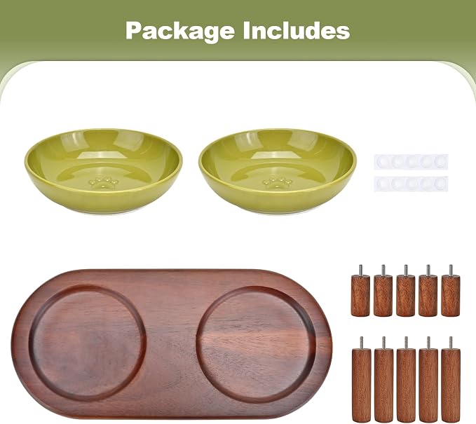 SPUNKYJUNKY Extra Wide Elevated Ceramic Cat Bowl with Acacia Wood Stand Whisker Friendly (Cat Paw Pattern, Green) - Image 7