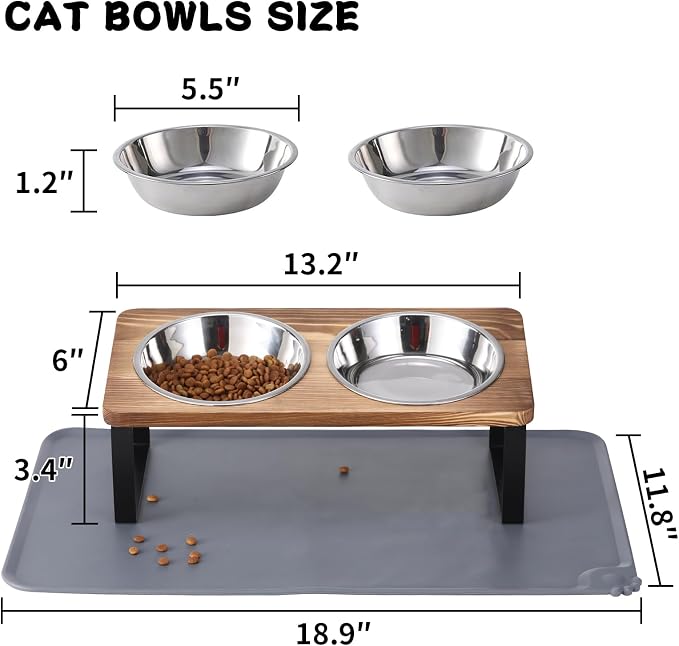 Upgraded Elevated Cat Bowls with Food Mat,15°Tilted Stand Anti Vomiting Raised Cat Dishes for Food and Water,2 Stainless Steel Bowls for Cats and Puppy（Rustic Brown） - Image 5
