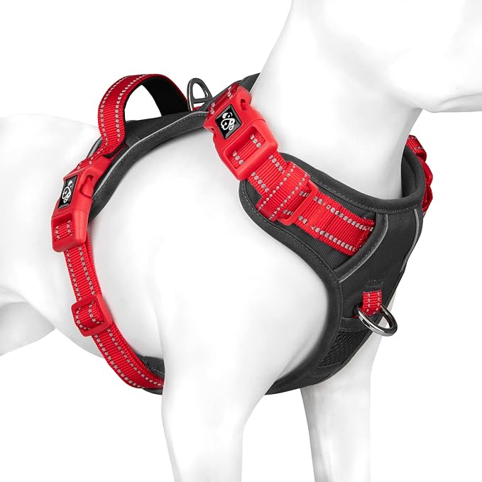No Pull Dog Harness, Unique Colors Reflective Adjustable Dog Vest | with Soft Training Handle Metal Clips for Small Medium Large Dogs (Black Base & Red Straps,L) by PHOEPET