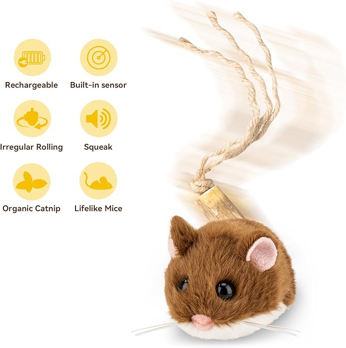 Migipaws Interactive MigiMouse Cat Toy 360° Rolling & Spin with Wiggling Tail for Indoor Cats Smart Motion Sensor, Realistic Squeak, Rechargeable Plush Kitten Toy (Brown) - Image 4