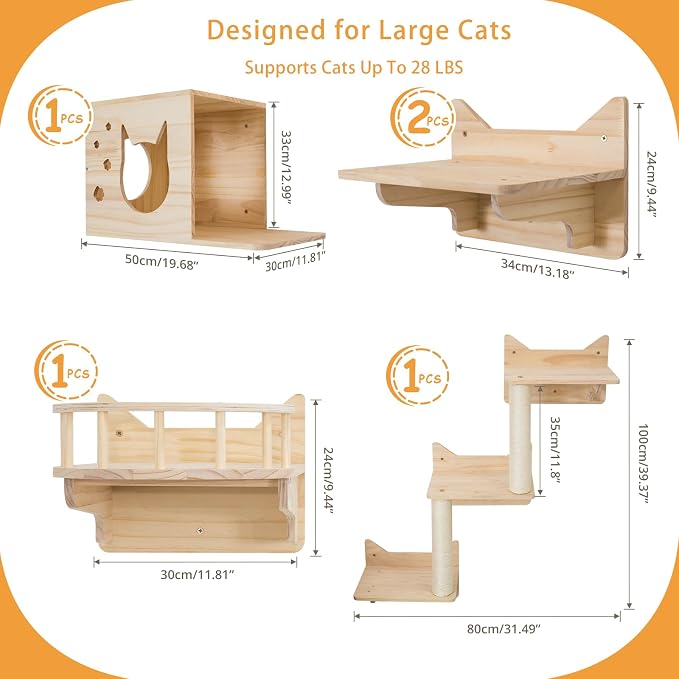 Cat Wall Shelves, 9-Piece Cat Wall Furniture for Large Cats | Solid pine wall mounted cat furniture with cat house, cat climbing shelves, ladder and sisal scratching posts for indoor cats - Image 2