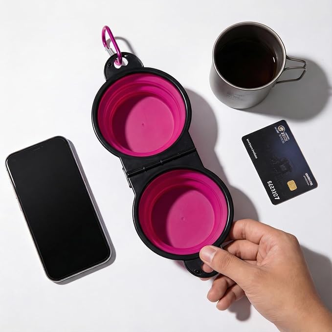 Double Collapsible Dog Bowls for Travel, Food and Water Set with Clip, Pink | 13.5 oz each, folds flat, carabiner clip, walking, hiking, camping, for small and medium pets - Image 5