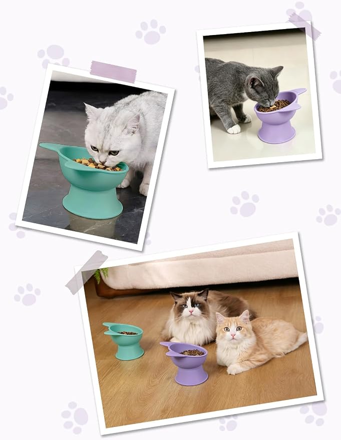 YINEYA Elevated Cat Bowls 2 Pcs, Cat Food Bowl to Protect Neck & Anti-Vomit, Whisker-Friendly Raised Food and Water Bowls Set for Indoor Cats/Small Dogs, Cute Pet Feeding Bowl 6 OZ Each, Purple&Cyan - Image 8
