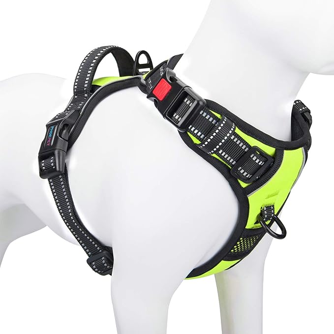 No Pull Dog Harness Medium Reflective Front Clip Vest with Handle | Adjustable 2 Metal Rings 3 Buckles ,[Easy to Put on & Take off](M, Green) by PHOEPET