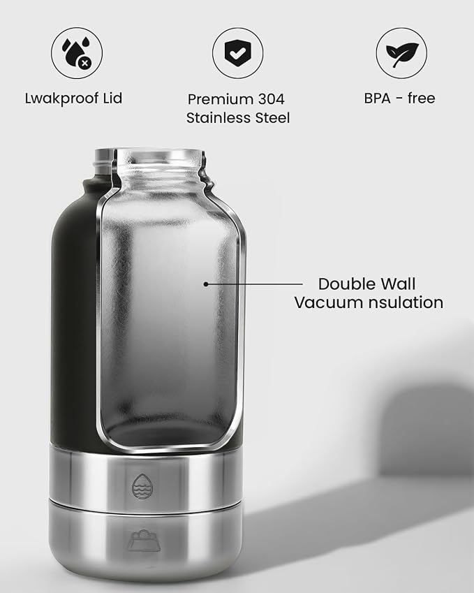34oz Dog Water Bottle, Stainless Steel Dog Water Bottle Dispenser with Detachable Food & Water Bowls, Keeps Water Hot/Cold, for Walking, Hiking, Camping(Black) - Image 7