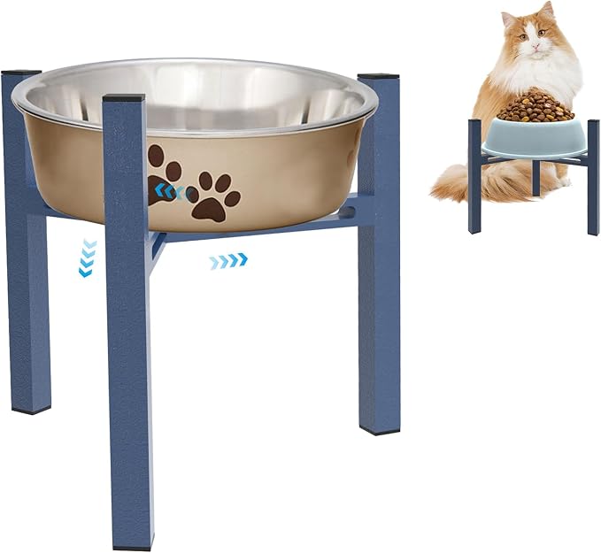 Elevated Cat Bowl Stand Good for Senior Cats Digestion Arthritis Relief - Adjustable Metal Feeder Riser, Fits 5.1-7.45” Round Bowls (No Bowls)（Blue） by Unknown