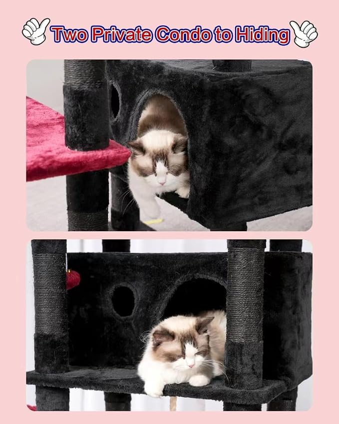 Cat Tree, 74" Tower for Large Cats, Big Condo Hammock CCT030BR | Heavy duty, 3 Big Platforms, 2 Baskets, 2 Condos, Multi-Level Cat Scratching Posts, Indoor Cats Large Adult, Black and red - Image 4