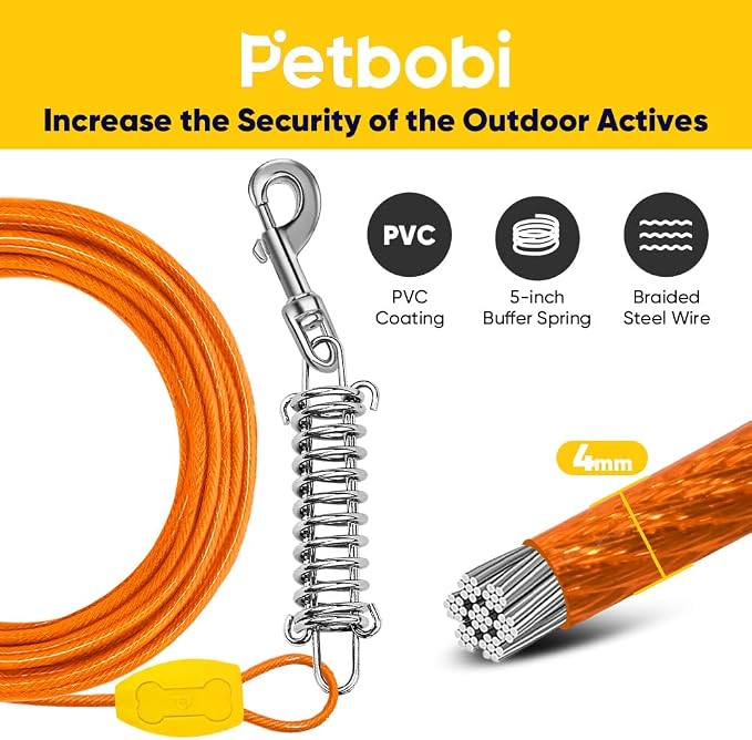 Petbobi Dog Tie Out Cable and Stake, 30ft Heavy Duty Dog Leads for Yard | 4in Shock Spring, 16in Spiral Ground Anchor, 360° No-Tangle Swivel, Chew-Proof Rustproof Wire, Up to 120 lbs, Outdoor Camping - Image 2