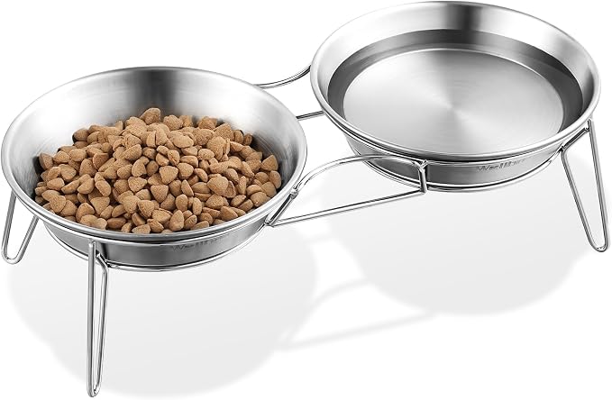 Elevated Cat Bowls, Wide Stainless Steel Cat Food Bowls with Metal Stand Whisker Stress-Free, Raised Food and Water Dish for Cats, Kitten, Puppies and Small Dogs by Wellbro