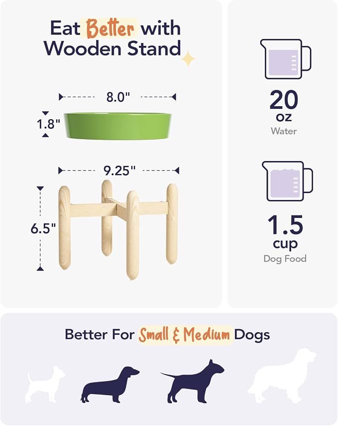 LE TAUCI Ceramic Slow Feeder Dog Bowls Elevated for Small and Medium Breed, Dog Bowls with Wooden Stand, 1.5 Cups Pet Dishes to Slow Down Eating, Anti-Gulping Pet Feeding Dishes, Clover Green - Image 5