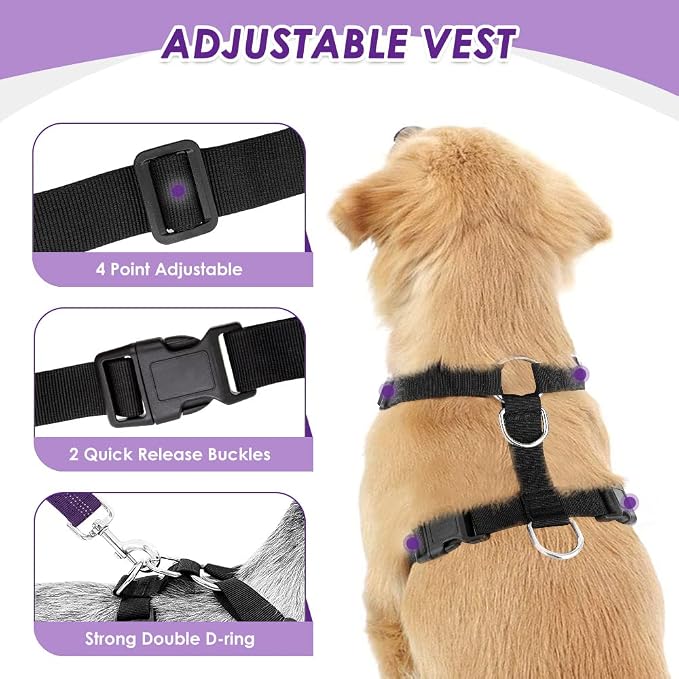 Lukovee Dog Car Harness Seat Belt, Harness & Seatbelt with 2 in 1 Buckle | Adjustable Soft Breathable Mesh Harness, Reflective Elastic Reflective Tether, for Small Medium Large Dogs Pets (Purple,3XS) - Image 4