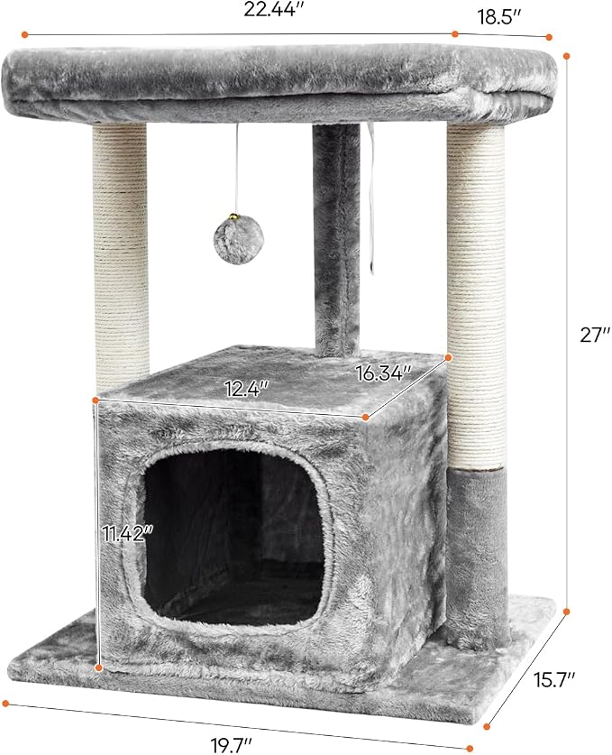SYANDLVY 27IN Cat Tree for Indoor Cats Large Adult, Modern Activity Tower | Scratching Posts, Condo with Plush Perch, Climbing Stand with Spring Ball for Play, Grey - Image 3